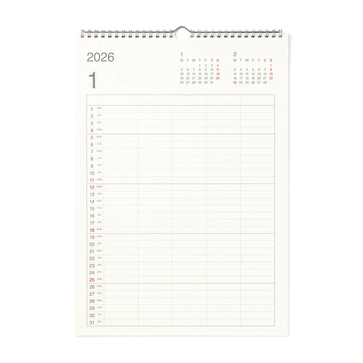Agendas Et Calendriers^Muji Calendrier mural familial 2026 en papier bagasse - Format A3