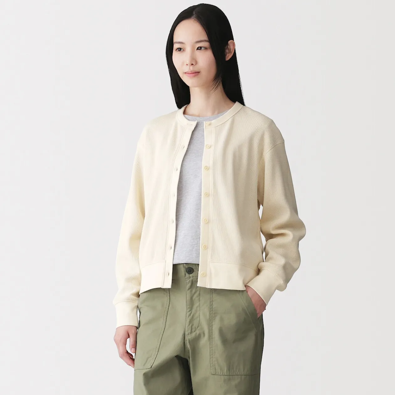 Pulls Et Cardigans|Hoodies Et Sweatshirts^Muji Cardigan à col ras du cou en coton biologique tricoté et gaufré pour femme