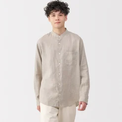 Chemises^Muji Chemise à col mao en lin lavé pour homme