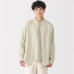 Chemises^Muji Chemise à col mao en lin lavé pour homme