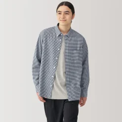 Chemises^Muji Chemise Oxford en coton lavé pour homme Carreaux Bleu Marine Foncé