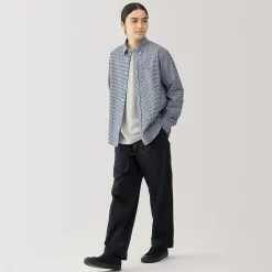 Chemises^Muji Chemise Oxford en coton lavé pour homme Carreaux Bleu Marine Foncé