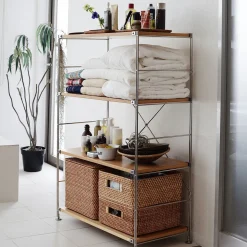 Étagères En Pin Et En Acier^Muji Étagère en acier inoxydable plaquée chêne large ‐ 4 niveaux (Dont Eco part. 2,80 €)